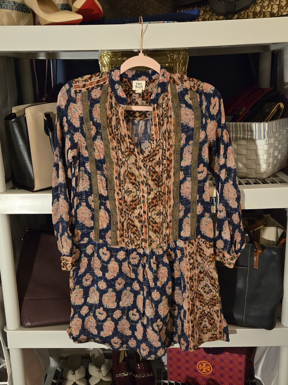 Anthropologie Tiny Petites Navy and Pink Mixed-Print Long Sleeve Tunic
